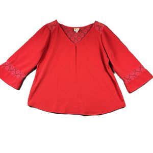 Fig and Flower Women Lace Inset Top Blouse Bell Sleeve Preppy Red Large L119